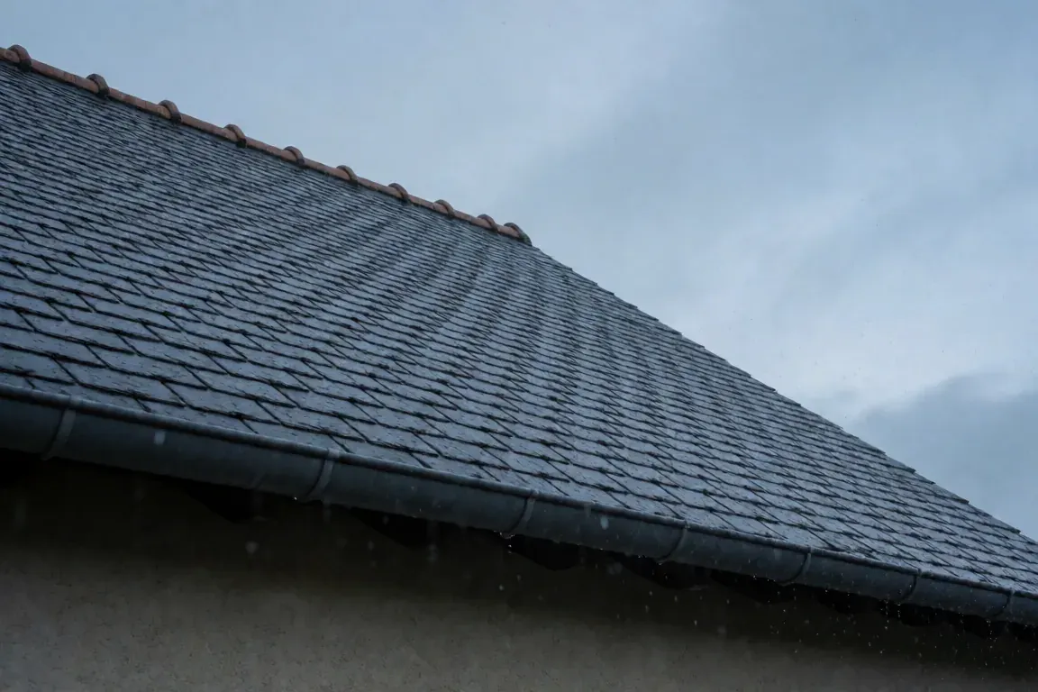 Toiture en ardoise sous une pluie fine